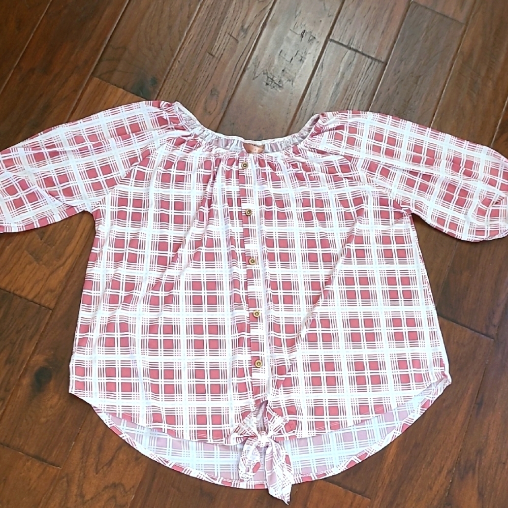Amana Pink Plaid Faux Button-up Blouse with Tie Front size 1X